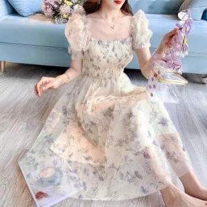 셀러허브 여성 수묵화 퍼프 핏 플라워 쉬폰 로맨틱 원피스 S33160827