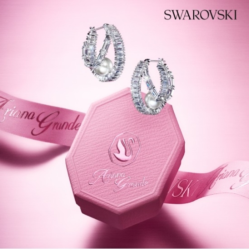 스와로브스키 Ariana Grande x 후프 이어링 크리스털 펄 바게트 컷 화이트 로듐 플래팅 5720868