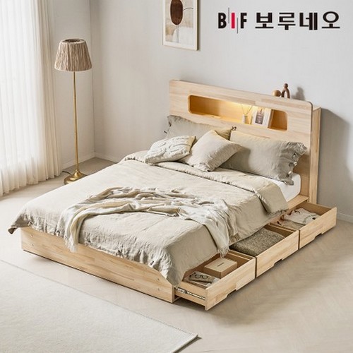 코지 3서랍 편백나무 원목 수납헤드 침대 D