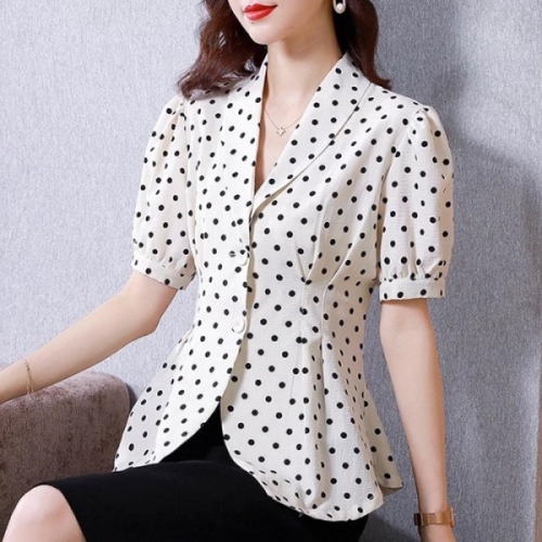 에이투지 도트 포인트 카라넥 블라우스 브이넥 퍼프소매 단정한 11183196