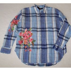 폴로 블루/화이트 플레이드/핑크 플로럴 린넨 블라우스 여성 L 2393773_이미지