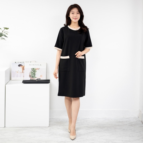 모슬린 엄마옷 배색 라운드 반팔 원피스 OP402033 중년여성의류/50대/60대/마담/빅사이즈/할머니옷_이미지