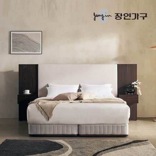 장인가구 까르뎅차콜 패브릭 호텔 투매트리스 LED침대 Q+400협탁 2개 (매트별도)_이미지