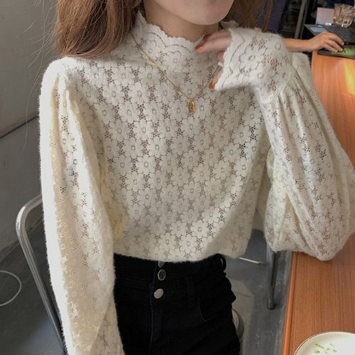 여성 이너 레이어드 하프넥 시스루 레이스 블라우스 WDD9F24