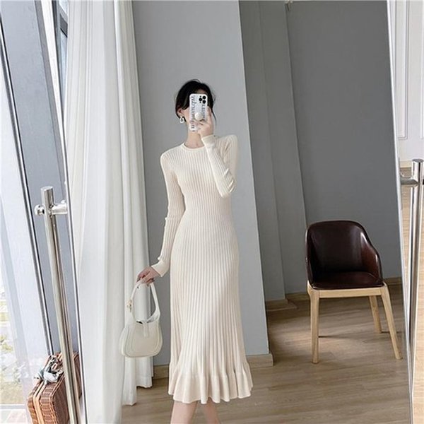 더블디 여성 심플 니트 골지 레이스 롱원피스 TDN-0199 40698935A