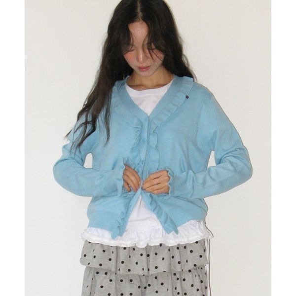 론론 RONRON SIDE RUFFLE V NECK KNIT CARDIGAN SOFT BLUE RR25AKT4805SB 814080