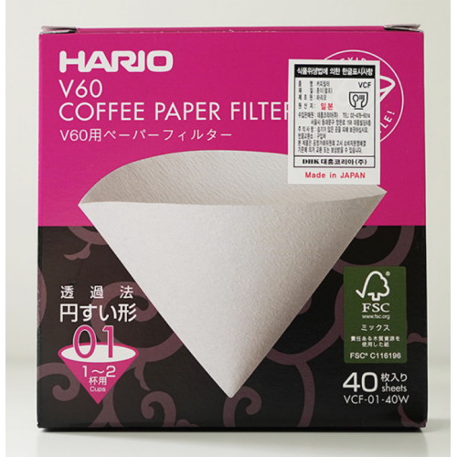 하리오 V60 핸드드립 커피 여과지 필터 1~2인용 화이트 (40매)