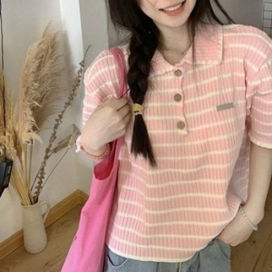 핑크 단가라 카라 반팔 티셔츠 여친룩 꾸안꾸티_WEBD77F