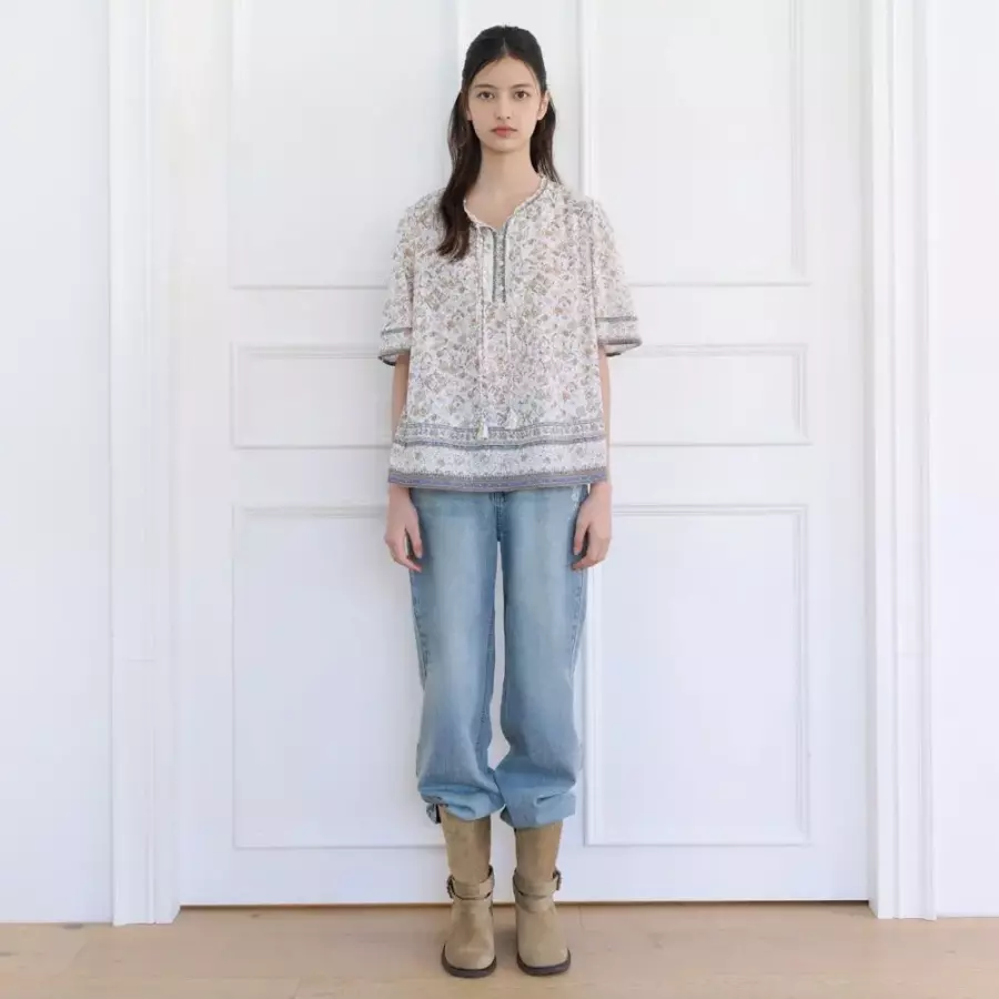 모티브 패턴 배색 보더 블라우스_T264MBL269W
