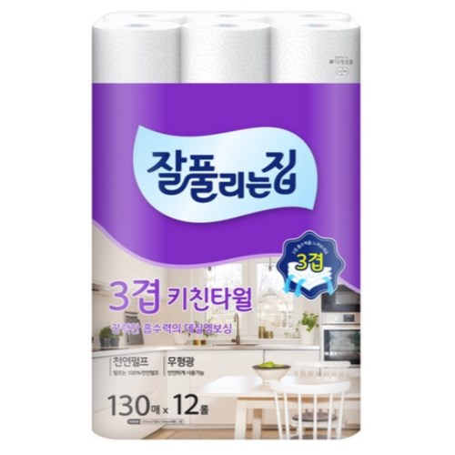 미래생활 잘풀리는집 3겹 키친타월 130매 (12입) (4팩(48입))