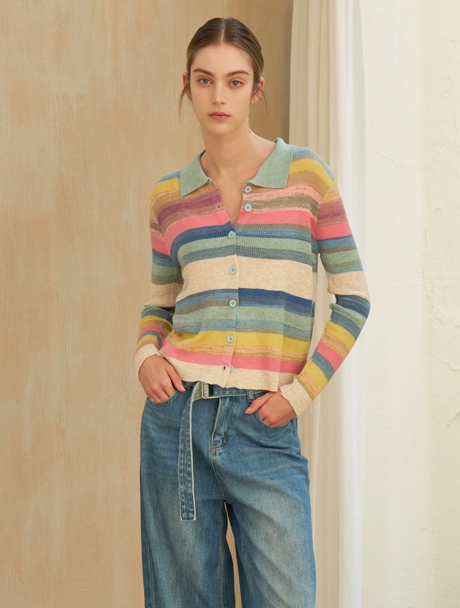 연승어패럴 GGPX 파스텔 웨이브 스트라이프 니트 가디건 GCK014D2326726