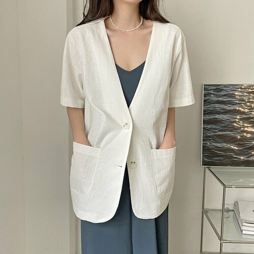  아이우먼 빅사이즈 투 버튼 브이넥 린넨 자켓 마 아우터 GOK022