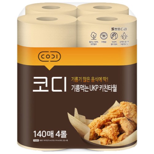코디 기름먹는 UKP 키친타월 140매 (4입)이미지입니다. 누르면 해당 게시물로 새창이동합니다.