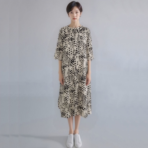 모라도 24년 봄 여름 중년 여성 도뜨 나염 라운드 팔 끈 원피스RNM8OP410H-CC_이미지