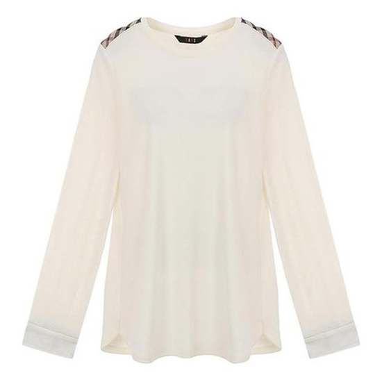 LF 닥스레이디스 크림 체크 배색 라운드넥 티셔츠 DLE06D915CR