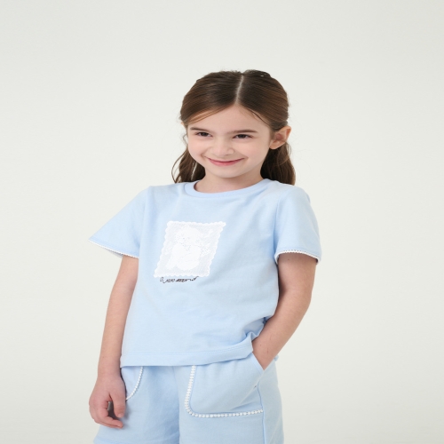 2 BZ28TS03SB 아동 여아 스카이 블루 레이스 프린트 티셔츠 초등