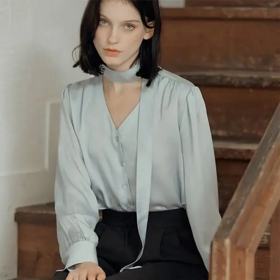 드헤베 C la Tie Silky Blouse Blue 383875