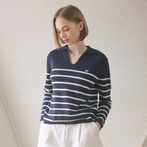 스위트숲 여성용 오픈 칼라넥 임브로이더드 스트라이프 니트 WB2LKF1_이미지