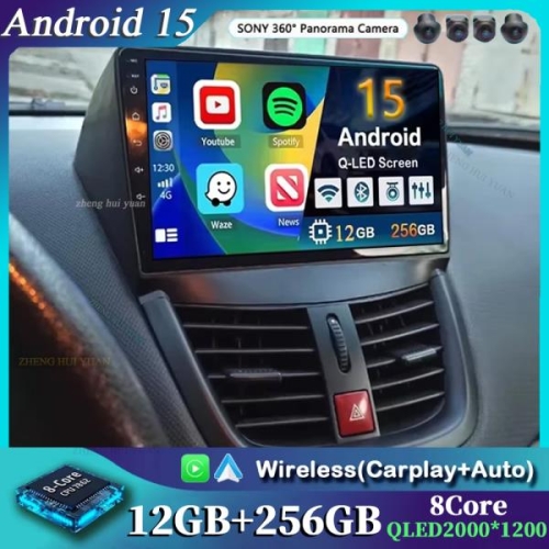 207 2006-2015 안드로이드 15 12+256GB CarPlay 자동차 카 라디오 멀티미디어 비디오 플레이어 GPS..