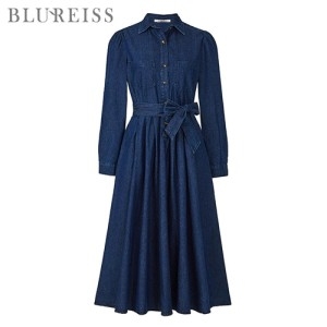 블루레이스 셔츠카라 퍼프소매 핀턱 데님 원피스_BI5S1OP3201