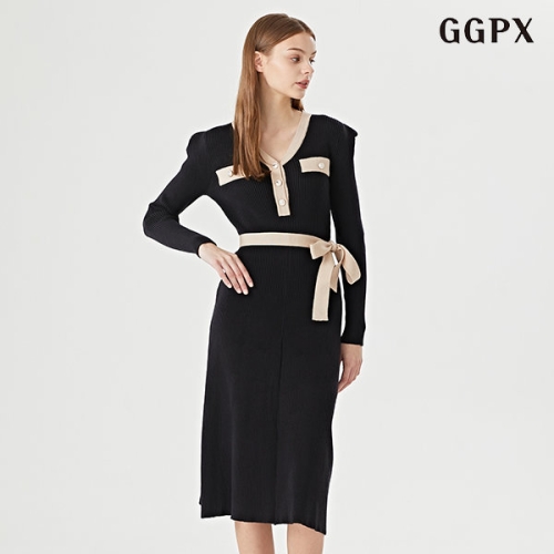 GGPX V넥 벨티드 골지 페미닌 롱 긴팔 원피스 GOCOW004D