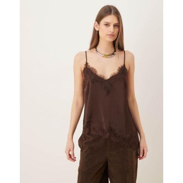망고 우먼 애쉬메트릭 헴 카미 탑 상의 with 레이스 엣지 인 초콜릿 11339629