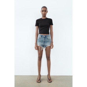 자라 SHORTS DENIM TRF CURVED 하이웨이스트 디스트로이드 컬러 인디고 372776437_이미지
