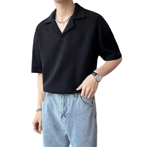 엘르옴므 ROYALB 남성용 브이 카라넥 패션 반팔티 와플반팔 티셔츠 상의 E41702 AN S 블랙