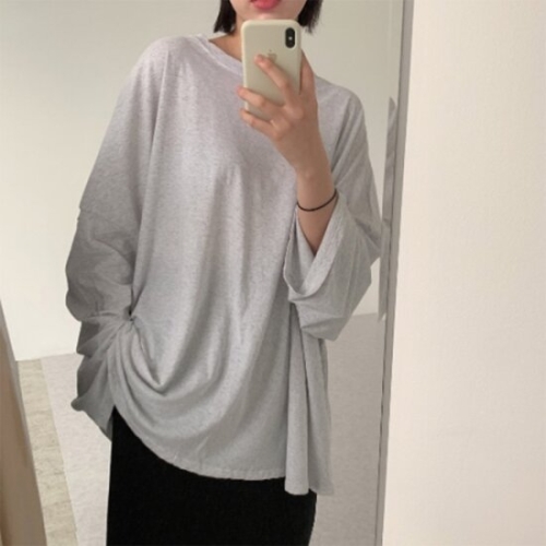  옷자락 여자 여름 오버핏 심플 박스 긴팔 티셔츠_WT6595