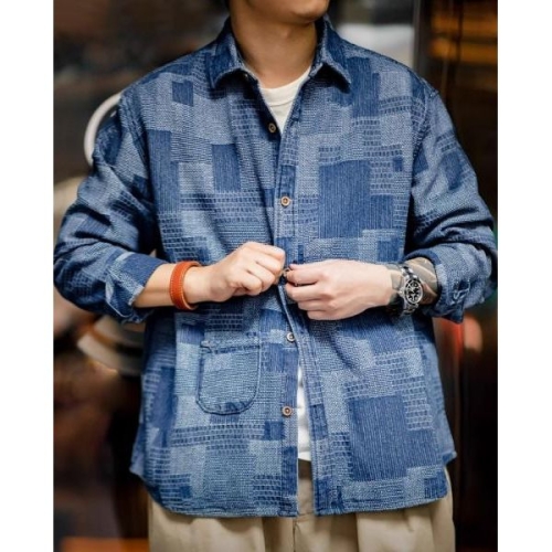 워크웨어 Maden 자카드 남자 긴팔 셔츠 일본 빈티지 BORO 아메카지 517026