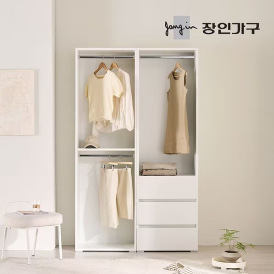 장인가구 클래드 드레스룸 600 2단 600 3단서랍 행거 세트 1200