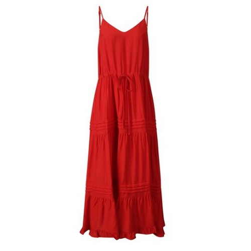 여성 핀턱 프릴 허리 스트링 맥시 뷔스티에 원피스 BQ4OP002A