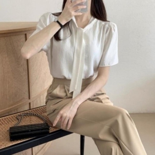 패플 다잇템다잇템 여성 넥 미니멀리즘 반소매 보우 블라우스_239989