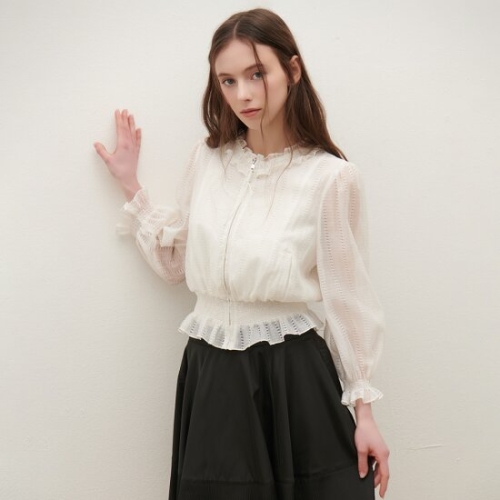 사틴 스모킹 자수 넥 프릴 점퍼 자켓 S252M153