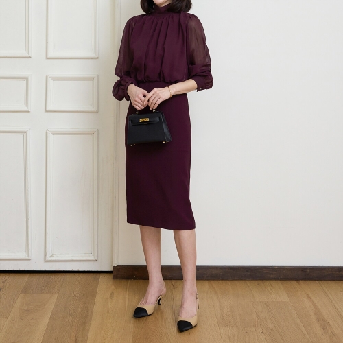 모리스커밍홈 55-77 쉬폰 뒷리본 칵테일 원피스_M2509OP087C