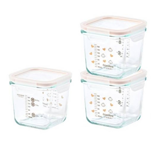 베이비 눈금 이유식용기 대용량 사면결착캡 혼합색상 3개 270ml