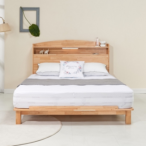 인우드 조나론 다리형 선반 참죽 원목 LED침대 S (매트별도)_이미지