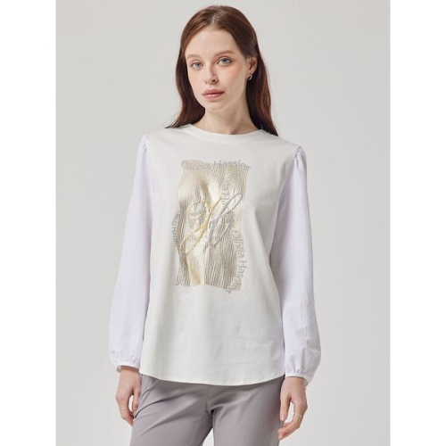 올리비아하슬러 하프 아이보리 소매배색 프린트 백단추 티셔츠 OHCMTS102_이미지