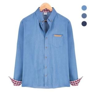 BLUE M_95 체크 패턴 배색 데님 블루 셔츠_NWM001_B