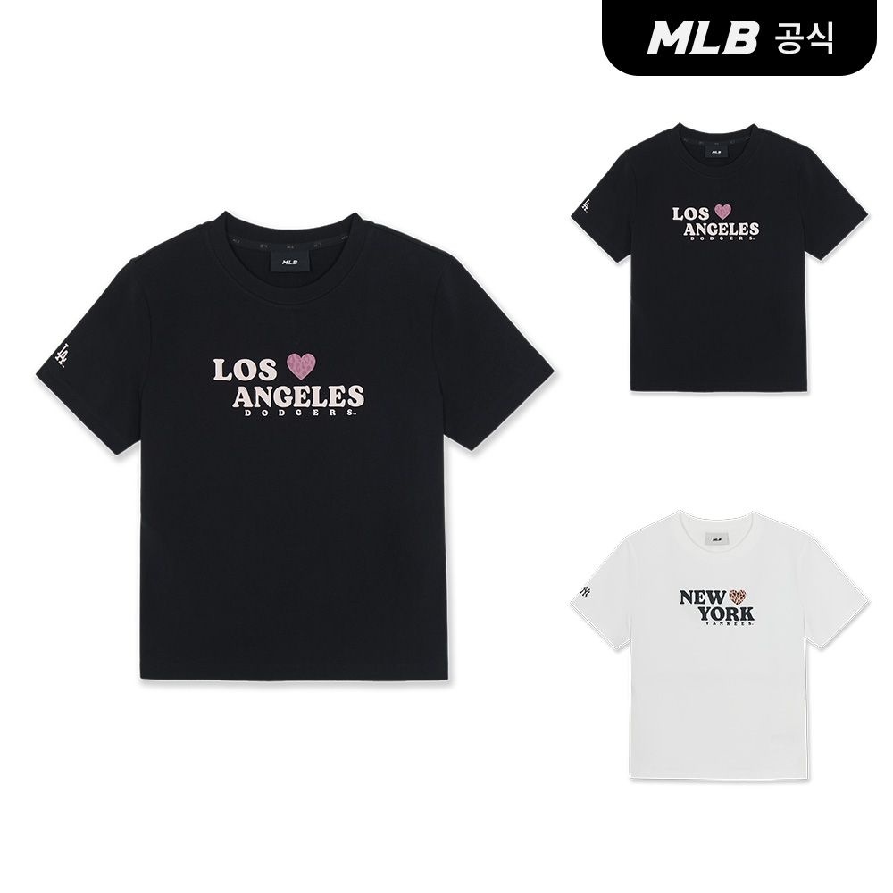 MLB 스타필드 하남 여성 레오파드 하트 레터링 슬림 세미 크롭 반팔 티셔츠 3FTSN0764