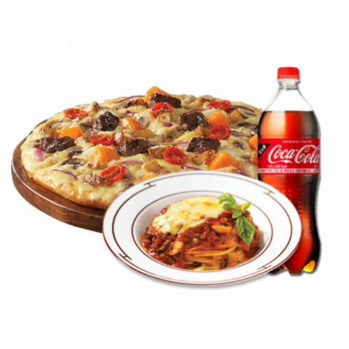 도미노피자 ㅤ7치즈 앤 그릴드비프(오리지널)L (+볼로네즈스파게티+콜라1.25L)_이미지