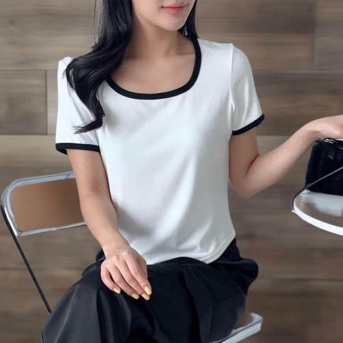 비스코스 CCT95F6여성 스판 배색 유넥 둥근밑단 반팔티_이미지