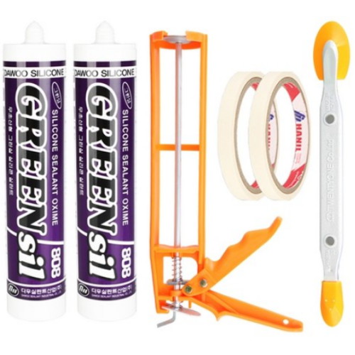 다우실란트 그린실 808 270ml x 2개 + 실리콘건 + 마스킹 테이프 10mm x 2개 + 양날 실리콘 헤라이미지입니다. 누르면 해당 게시물로 새창이동합니다.