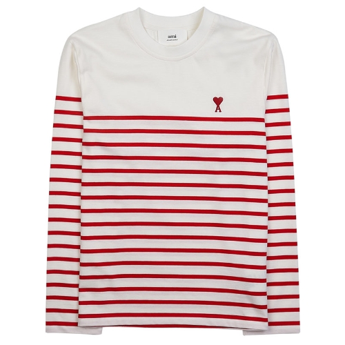 AMI 드 꾀흐 하트 로고 스트라이프 긴팔티 UTS300 072 (171, 화이트/스칼렛레드)
