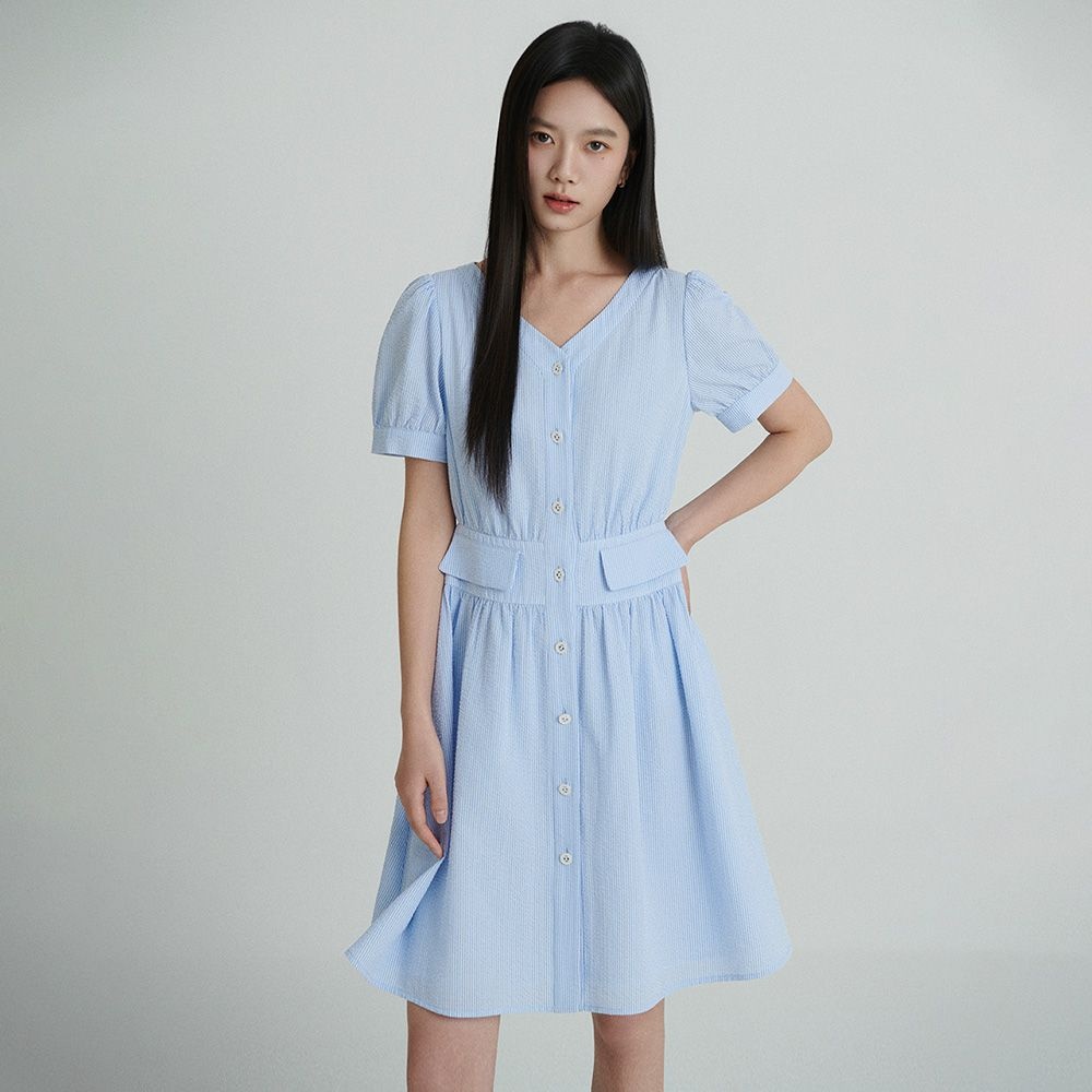 샤틴 브이넥 퍼프소매 원피스_2컬러 O262T631