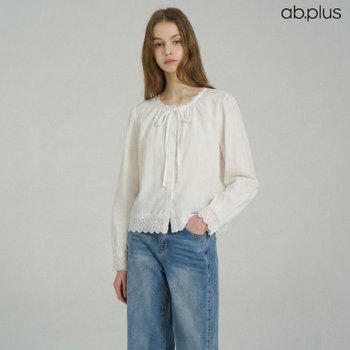 Ab.plus 넥리본 레이스 포인트 긴팔 블라우스 LSA5MB51A