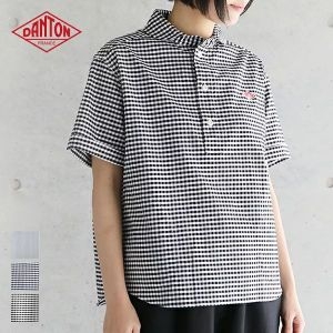 단톤 DANTON 여성용 깅엄체크 라운드카라 포켓 풀오버 반팔 블라우스 DT-B0283OXP_이미지