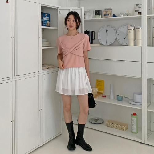 옷자락 여자 여름 꼬임 셔링 베이직 크롭 스판 반팔 티셔츠 WT31101_민트 FREE