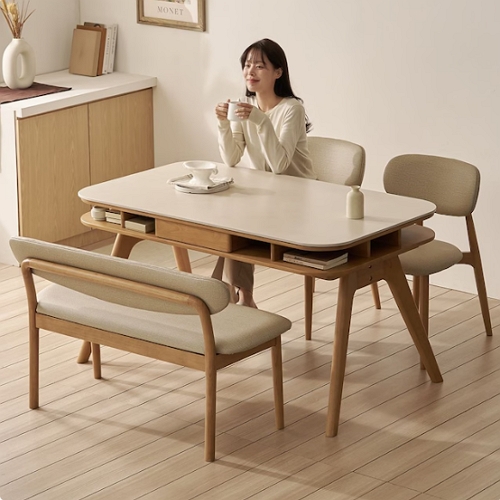 보니애가구 오슬로 저소음 포세린 세라믹 수납형 식탁 1400 (의자2개+벤치1개)
