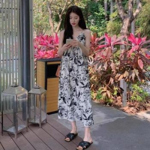 오노마 ONM 끈앞리본 예쁜 수묵화 플라워 패턴 여름 원피스 32619106_이미지